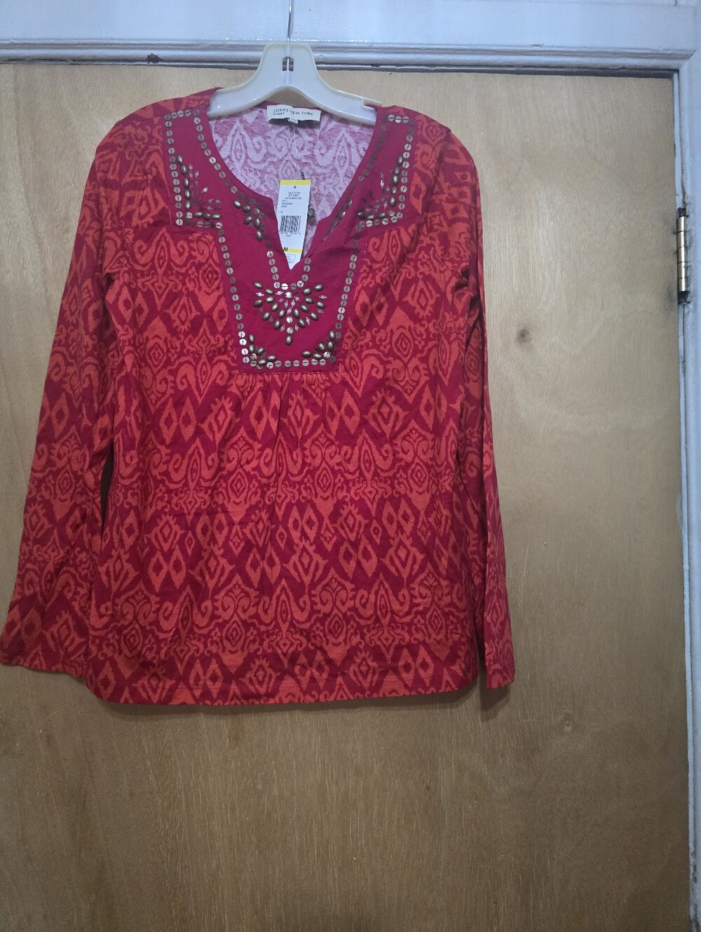 Women's Red Patterned Embellished Tunic Top